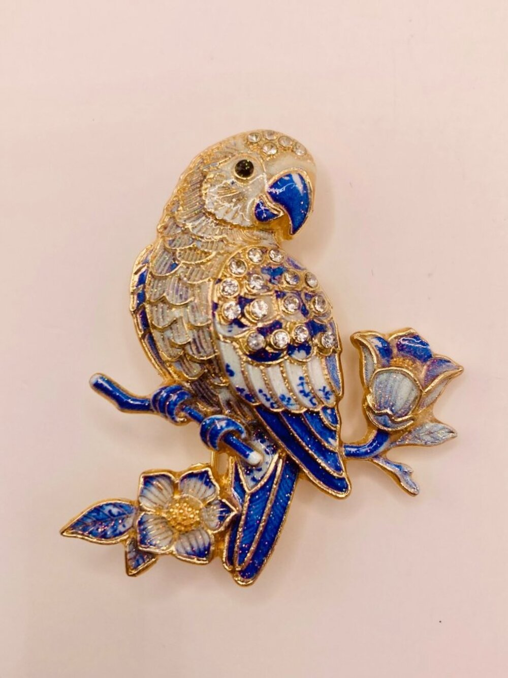 Blue & White Enamel Parrot Brooch Pin Floral Design Gold-Tone -32B